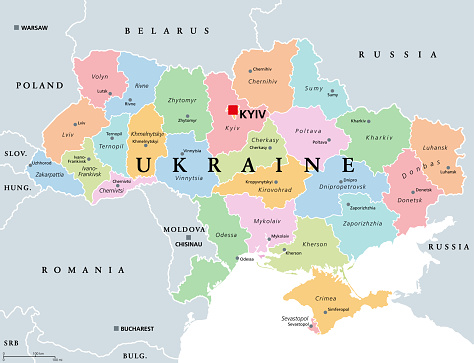 Ukraine, country subdivision, colored political map