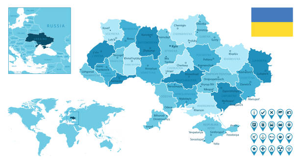 ilustrações de stock, clip art, desenhos animados e ícones de ukraine detailed administrative blue map with country flag and location on the world map. - kharkiv