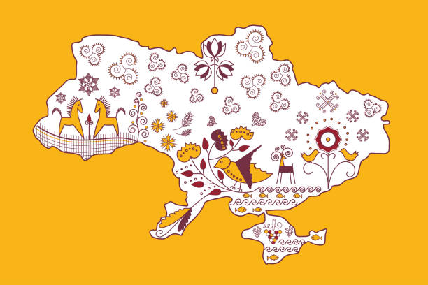 우크라이나지도. 행복과 번영의 전통적인 우크라이나어 상징. 노란색 배경입니다. - 우크라이나 stock illustrations