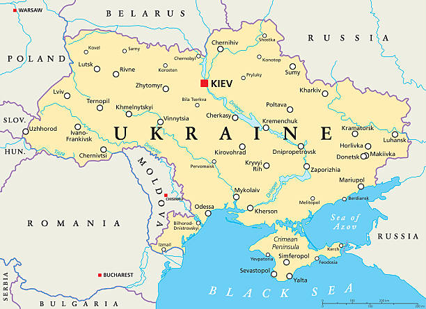 Ukraine Political Map Ukraine political map with capital Kiev, national borders, important cities, rivers and lakes. English labeling and scaling. Illustration. eastern europe stock illustrations