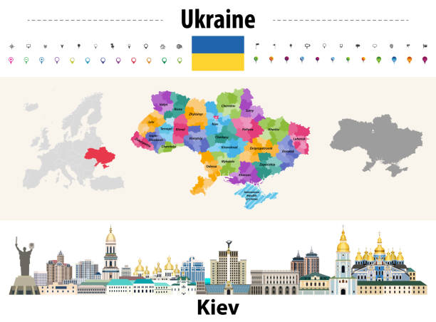 ilustrações de stock, clip art, desenhos animados e ícones de ukraine regions (oblasts) with administrative divisions (raions) map. flag of ukraine. kiev cityscape. vector illustration - kharkiv