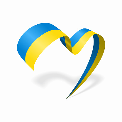 Ukrainian flag heart-shaped wavy ribbon. Vector illustration.