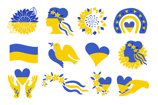 Ukrainian icons set of national symbol isolated on white background. Clipart collection vector flat illustration with rainbow, sunflower, woman, heart, flag, wreath, hand, ribbon in blue, yellow color