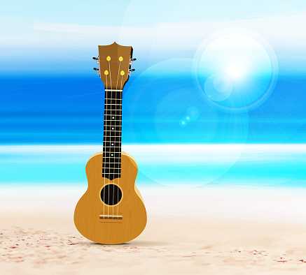 Ukulele on the beach, against the background of the sea or ocean. Vector illustration in a tropical style.