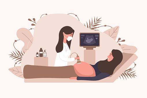 Ultrasound muslim pregnancy screening concept. Female doctor in medical uniform scanning arab mother. Girl with belly looking in monitor smiling. Embryo baby health diagnostic illustration.