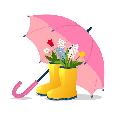 Pink umbrella and yellow boots with spring flowers isolated on a white background.