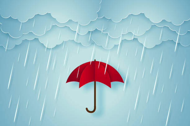 illustrazioni stock, clip art, cartoni animati e icone di tendenza di ombrello con pioggia battente, stagione delle piogge, stile artistico cartaceo - pioggia