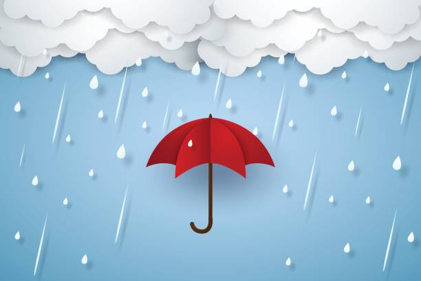 Umbrella with heavy rain , rainy season Umbrella with heavy rain , rainy season , paper art style rain stock illustrations