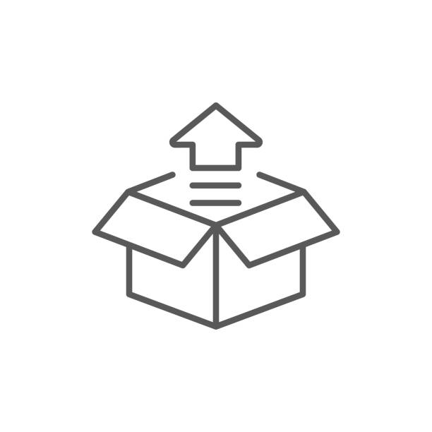 stockillustraties, clipart, cartoons en iconen met unboxing. product release lineair pictogram. pictogram online winkelen - unbox