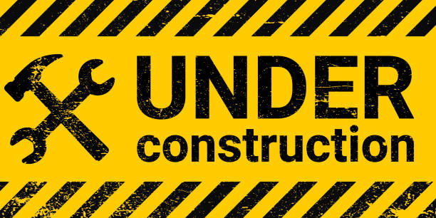under construction site banner sign vector black and yellow diagonal stripes under construction, hammer and wrench repair sign with grunge texture under construction site banner sign, vector black and yellow diagonal stripes under construction, hammer and wrench repair sign with grunge texture construction site stock illustrations