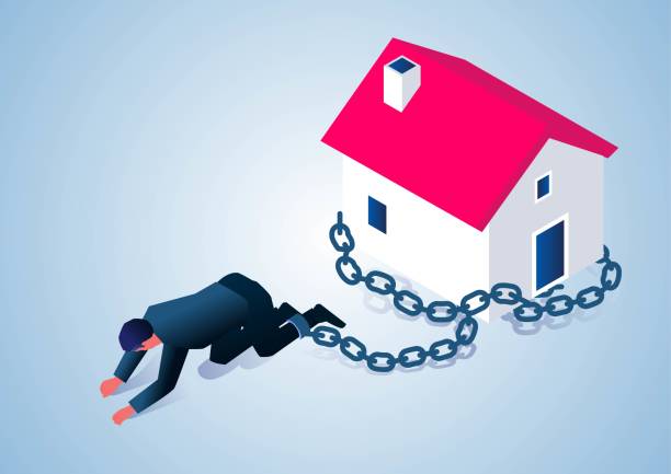 Under the pressure of housing loans and high housing prices, isometric businessmen’s legs are tied up with chains and the house is kneeling and crawling forward. vector art illustration