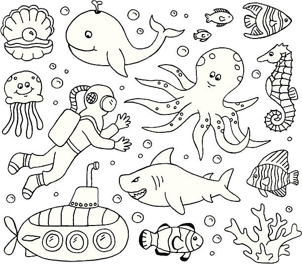 Under the Sea Doodles A doodle page of sea creatures. cartoon fish stock illustrations