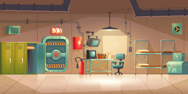 Underground bunker empty bomb shelter control room Underground bunker, empty bomb shelter control room, headquarters base for survival. Secret scientific laboratory command post with control panel, furniture, radio station cartoon vector illustration bomb shelter stock illustrations