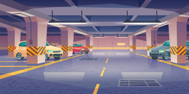 Underground car parking, garage with vacant places Underground car parking, garage with vehicles and vacant places. Area for transport in building basement with columns and guiding arrows show way to exit, infrastructure. Cartoon vector illustration parking stock illustrations