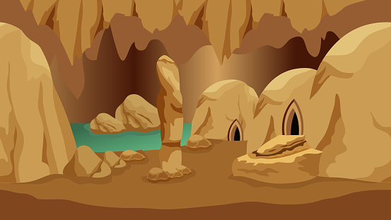 Underground cave landscape. Background for mysterious fantasy game asset or cartoon.