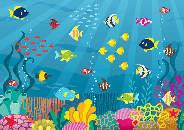 Undersea Cartoon illustration of underwater world with corals and fish. cartoon fish stock illustrations