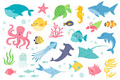 istock Underwater animal and fishes isolated objects set. Collection of whale, starfish, turtle, seahorse, shark, octopus, jellyfish, dolphin, coral. Vector illustration of design elements in flat cartoon 1334330120