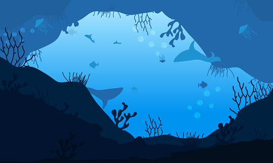 Underwater background with fish silhouettes stock illustration