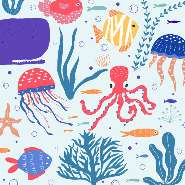 Underwater creatures fish, jellyfish, octopus, clownfish, sea plants...