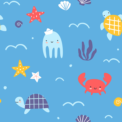 Underwater cute sea animals pattern. Seamless vector print with seabed for textile, fabric, apparel, nursery.