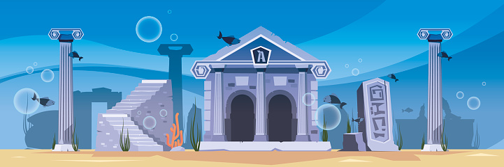 Underwater life background. Fantasy life damaged old town ruins atlantis lost city garish vector cartoon template. Illustration of underwater background town architecture
