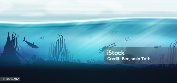 istock Underwater ocean scene background of reefs with scuba diver 1317515242