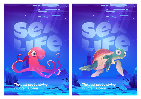 Underwater sea life animals, scuba diving posters