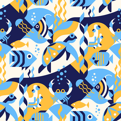 Underwater sea seamless pattern with, sea turtle, jellyfish, tropical fish, crab, coral, seaweed. Perfect for fabric, textile, wallpaper. Sea creatures design geometric pattern.