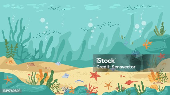 istock Underwater world sea bottom, algae and coral reef, sea stars and fish, flat cartoon background. Vector aquarium with seafloor, marine wildlife scenery, bubbles. Seaweeds and stones undersea plants 1319760804