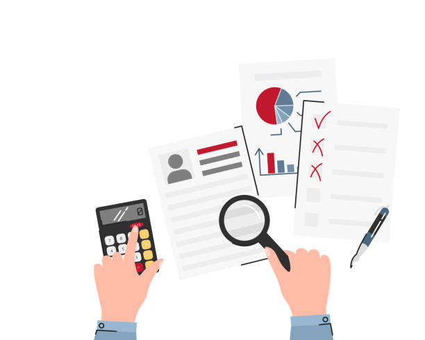 Underwriter checking client documents for mortgage Underwriter checking client documents for mortgage isolated. Human hands keeping magnifier and calculator. Papers with personal information, diagram, graph. Vector flat illustration with copy-space mortgages and loans stock illustrations