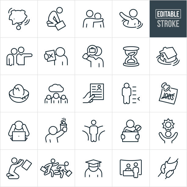 Unemployment Thin Line Icons - Editable Stroke A set of unemployment icons that include editable strokes or outlines using the EPS vector file. The icons include a person being fired from their job, businessman on knees and hopeless, person with arm around another shoulder, businessman sinking, piggy bank being emptied, person holding pink slip, person looking for work, hourglass, sinking house, cracked nest egg, employees with cloud over head, resume, limited job skills, no jobs, frustrated job seeker, fork in the road, person cleaning out office after being laid off, person praying, hopeless graduate, job fair, clasped hands and a man with a sun over head symbolizing hope. unemployment stock illustrations