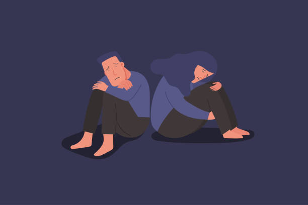unhappy and sad young couple, man and woman in depression sitting and hugging knees with sorrow vector art illustration