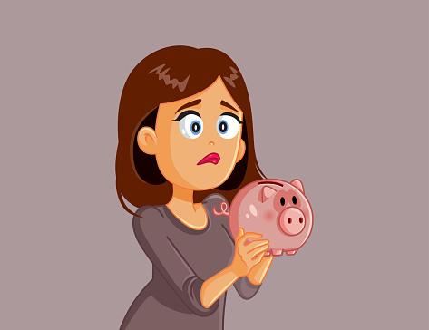 Unhappy Broke Woman Holding Piggy Bank