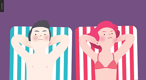 Unhappy couple sunbathing on the beach Unhappy couple sunbathing on the beach - a flat cartoon vector illustration of a couple sunbathing lying on the striped beach mattresses anger to each other divorce beach stock illustrations