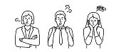 Hand drawn vector illustration of unhappy people expressing negative emotions.