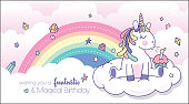 Vector illustration of a cute little unicorn blowing candle with rainbow background. Birthday greeting card design.