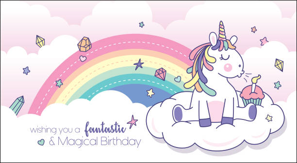 Unicorn Birthday card Vector illustration of a cute little unicorn blowing candle with rainbow background. Birthday greeting card design. pony stock illustrations