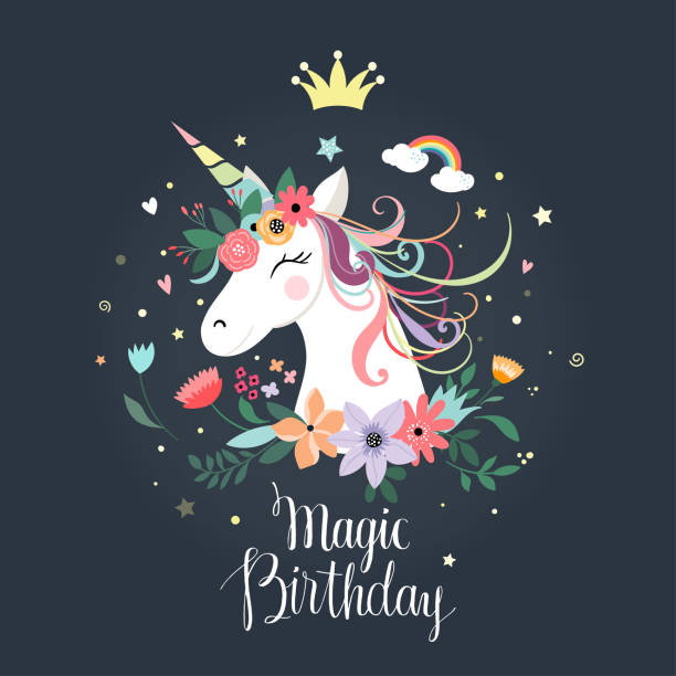 Unicorn birthday card Unicorn birthday card with hand drawn letters and decorative flowers birthday silhouettes stock illustrations