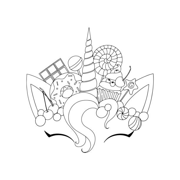 Unicorn cute vector illustration Unicorn cute vector illustration. Head with candy and cupcake. Card and shirt design. cupcakes coloring pages stock illustrations