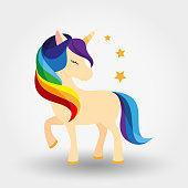 Unicorn. Rainbow mane. Vector illustration on a white background. Can be used for design greeting card, invitation or banner or icons for mobile applications or logos. Flat design style