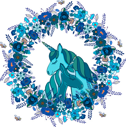 Unicorn in a flower wreath. Vector illustration. Multi-colored wreath of flowers. Bright colors.