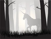 A unicorn moves quietly through a misty forest. EPS, Layered PSD, High-Resolution JPG included.