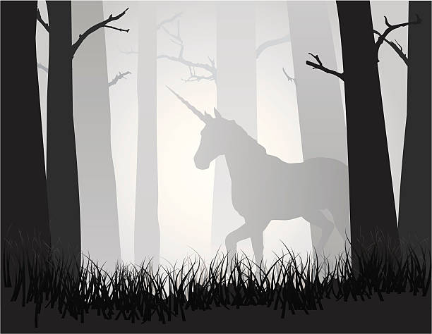 Unicorn in the Forest A unicorn moves quietly through a misty forest. EPS, Layered PSD, High-Resolution JPG included. copse stock illustrations