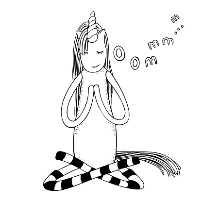 Unicorn In Yoga Easy Pose Coloring Book Page Black And White