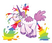Pink cartoon unicorn makes wacky rainbow explosion.