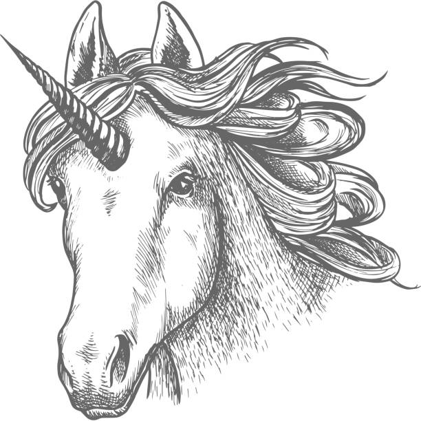 bildbanksillustrationer, clip art samt tecknat material och ikoner med unicorn eller saga djura huvud med horn - blåsinstrument