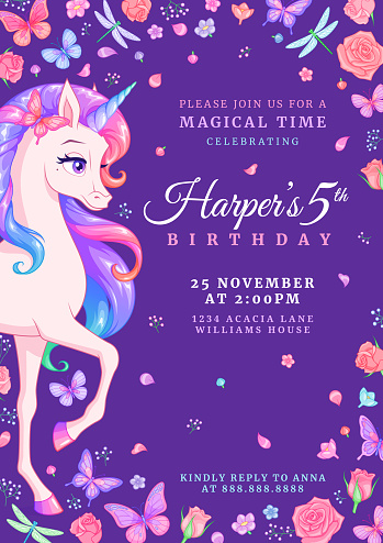 Unicorn party birthday invitation template with butterflies and flowers. Vector illustration on dark background.