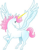 Unicorn Pegasus with opened wings and yellow horn, pink hair and tail vector illustration. 