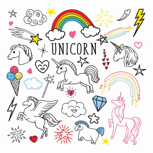 einhorn rainbow magic freihand doodle. aufkleber - einhorn regenbogen stock-grafiken, -clipart, -cartoons und -symbole