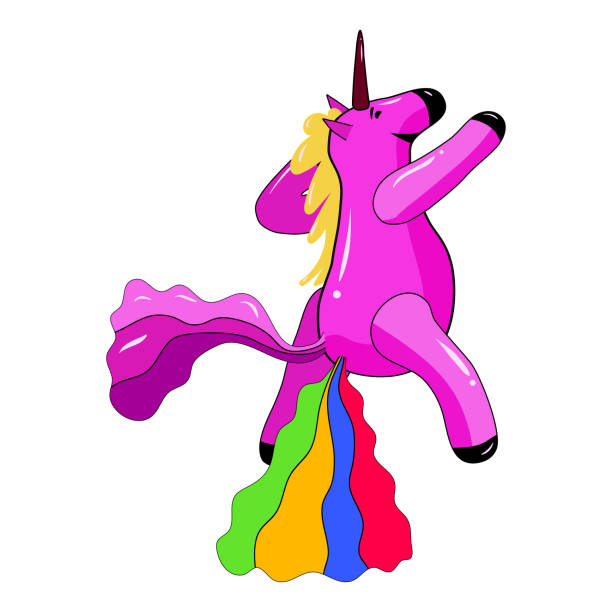 bildbanksillustrationer, clip art samt tecknat material och ikoner med unicorn leende bajsa en regnbåge, fantasy söt karaktär odjuret mångfärgad skit skit skit. vektorillustration isolerad tecknad stil - smiling earth horse